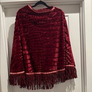 Red Textured Faux Fur Poncho with Faux Suede Fringe